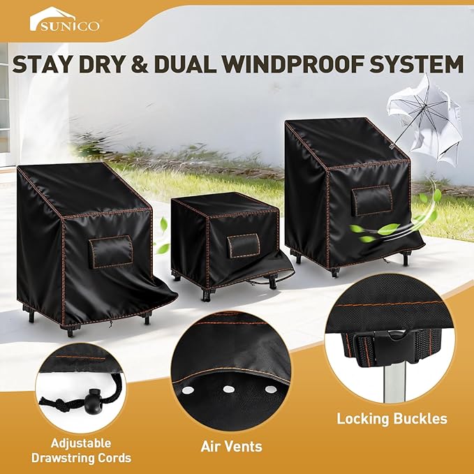 SUNICO 3 PCS Outdoor Furniture Covers, Patio Set Covers 420D Waterproof, Fit Patio Furniture Outdoor Bistro Set for 2 Chairs and Side Table, Black