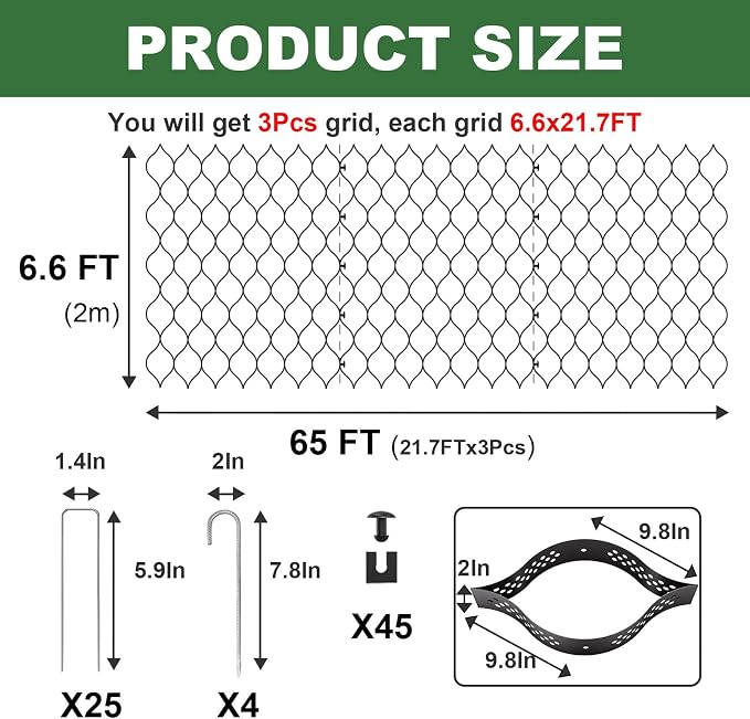 Gravel Grid 2'' Depth with Metal Stakes, 6.6x65 FT Geogrid for Gravel Driveway 2200 lbs per Sq FT Erosion Control Ground Grid Gravel Stabilizer Grid for Driveway, Parking Lot, Slope, Walkway, Patio