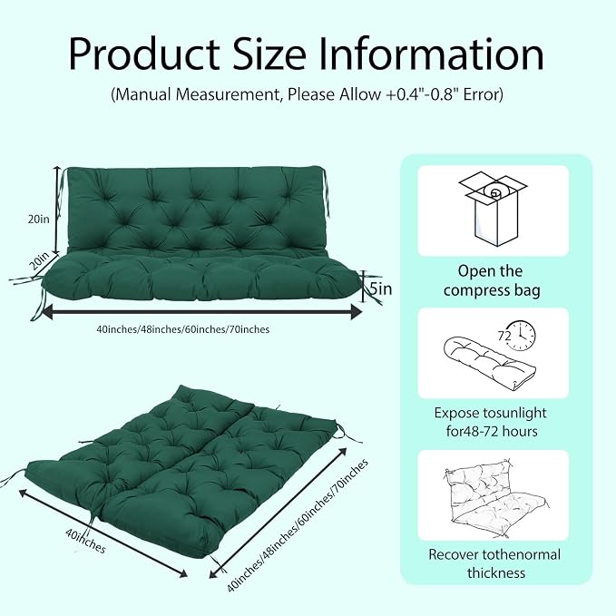 5" Thick Waterproof Porch Swing Cushion 40 x 40 in 3 Seater Replacement Outdoor Swing Cushions with Back Support Patio Swing Cushion for Outdoor Bench Furniture