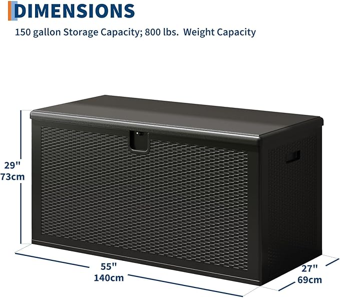 150 Gallon Resin Deck Box Outdoor Storage – Heavy Duty Waterproof & UV-Resistant, Lockable Lid, Reinforced Stability for Patio Cushions, Garden Tools, Pool Supplies, Black