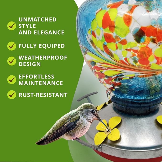 Nature Gear Glass Hummingbird Feeder for Outdoors, Hanging Bird Feeder with Ant Moat, Hand-Blown Glass Garden Feeder, Easy Clean Wide Mouth, Rust Resistant, 38 oz, Blue Burst