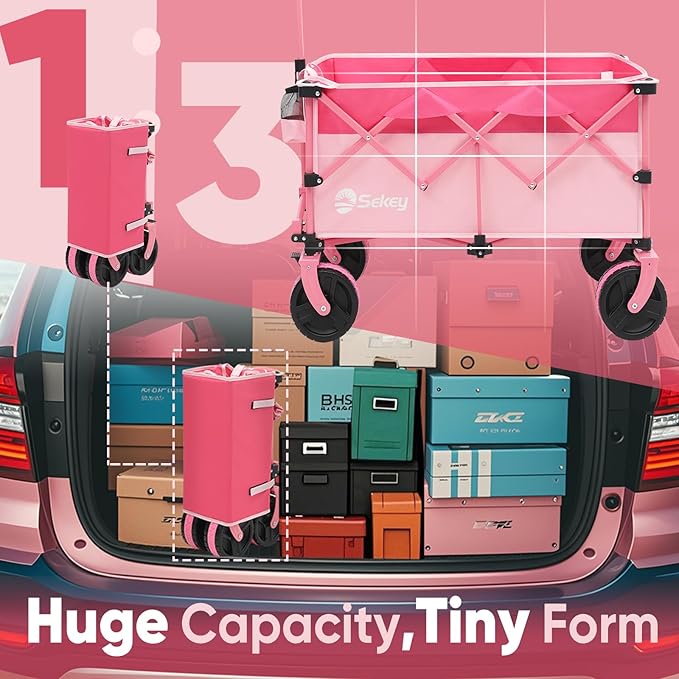 Sekey 220L Wagons Carts Foldable with Big All-Terrian Beach Wheels, Collapsible Heavy DutyWagon with Cup Holders, Extra Large Folding Wagon,Foldable Wagon for Camping, Garden, Sports.Pink