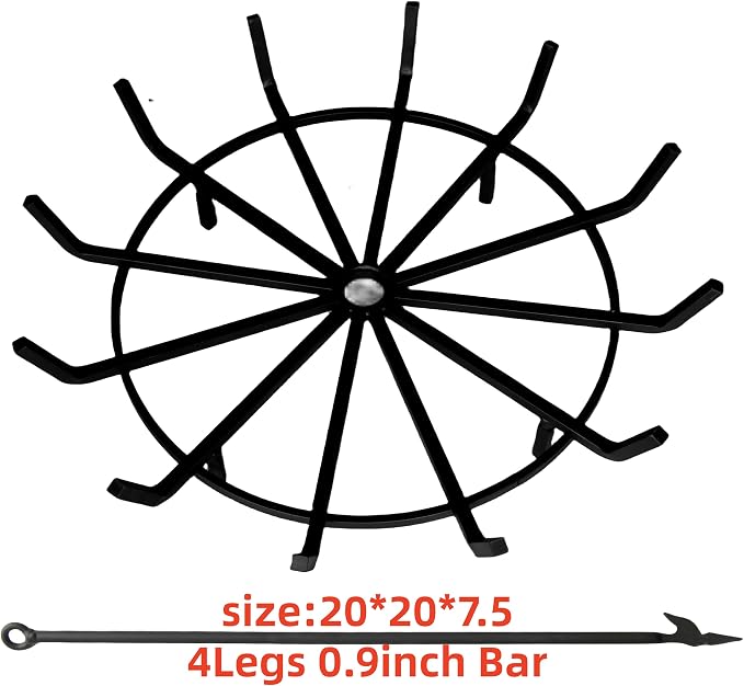 Inch Log Grate Wrought Iron Fire Pit Round Spider Wagon Wheel Firewood Heavy Duty 0.9in Bar Fireplace Stove Burning Rack Holder 4Legs Chimney Hearth Kindling Stacking BG275 (20 Inch)