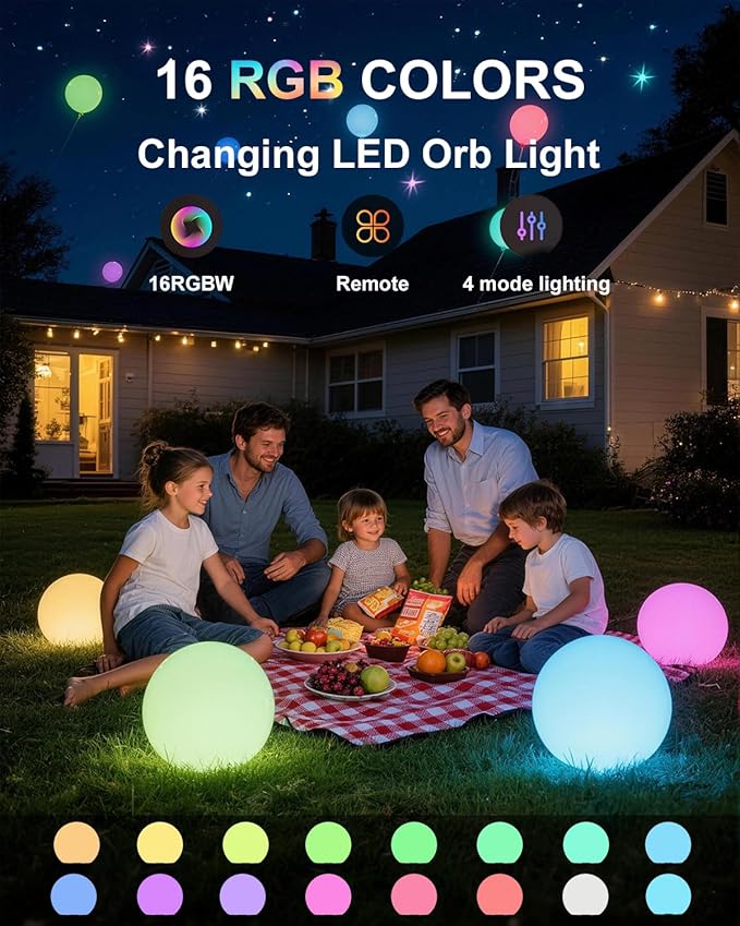 shumi 8-inch Solar Globe Lights Outdoor Waterproof, LED Solar Ball Light Outdoor 16 RGB Colors 4 Modes with Remote Control, Solar Shpere Lamp Orb Light for Outside Garden Yard Bar Party Pool