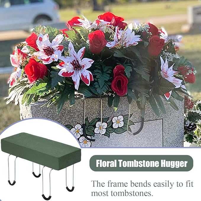 Headstone Flower Saddles, 4 Pcs 12’’ Metal Gravestone Saddles with Floral Foam for Grave Cemetery Headstones Tombstone Decoration (4)