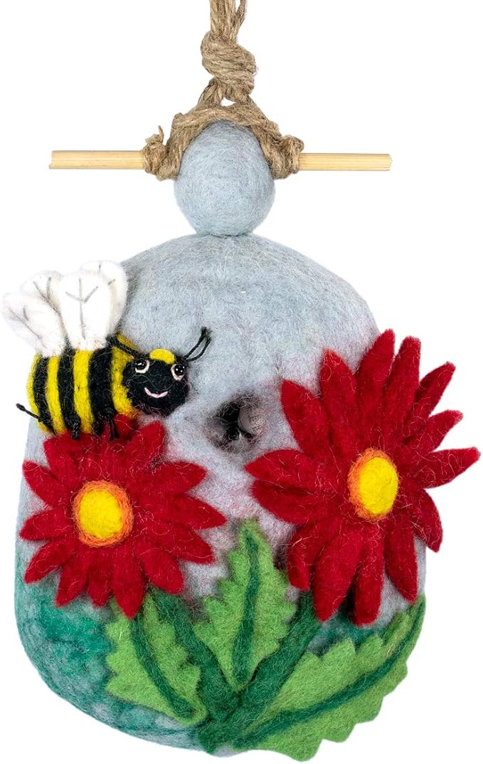 Global Crafts Birdhouse - Handmade Felt, Bumblebee Design - 9.5 x 6 x 6 in - Wool