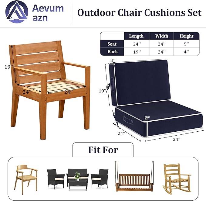 5" Thicker Outdoor Chair Cushions 2 Sets 24" *24" Waterproof Patio Chair Cushions for Outdoor Furniture w/Removable Cover 30D High Density Sponge Filling Thicken Patio Furniture Cushion w/Handle &Ties