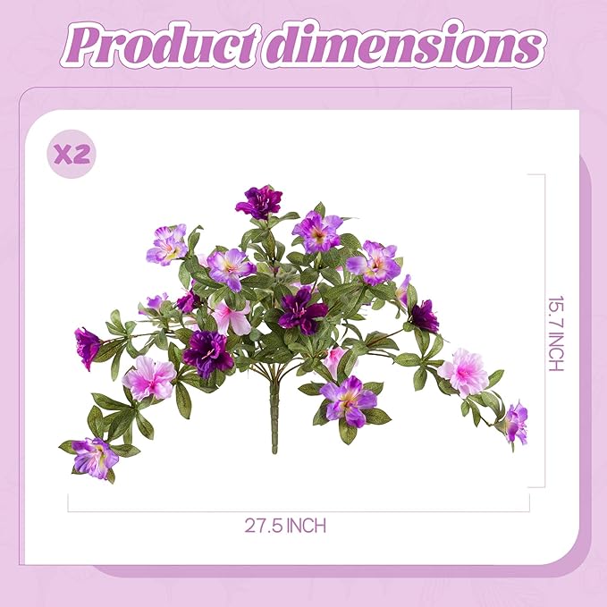 Ammyoo Artificial Fake Azalea Flowers for Outdoor Spring Decoration, Faux Silk Flower for Summer UV Resistant Look Real Plants for Garden Yard Porch Walkway Indoor Decor, 2PCS