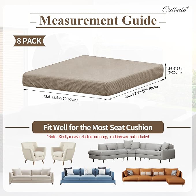 CALBODE 8Pcs Outdoor Stretch Cushion Covers,Waterproof Outdoor Chair Cushion Covers for Patio Furniture, Washable Jacquard Couch Covers Replacement for Patio Furniture(Khaki, Cover Only)