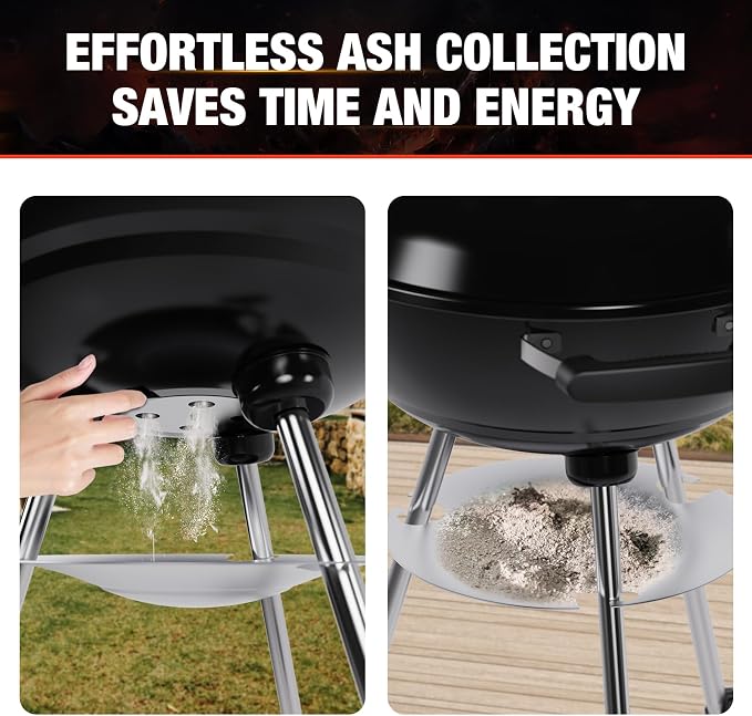 18 inch Charcoal Grill, Portable Kettle BBQ Grills, Barbecue Gift, Durable & Easy to Assemble, Round Barbecue Grill for Outdoor Cooking, Patio and Beach, Black