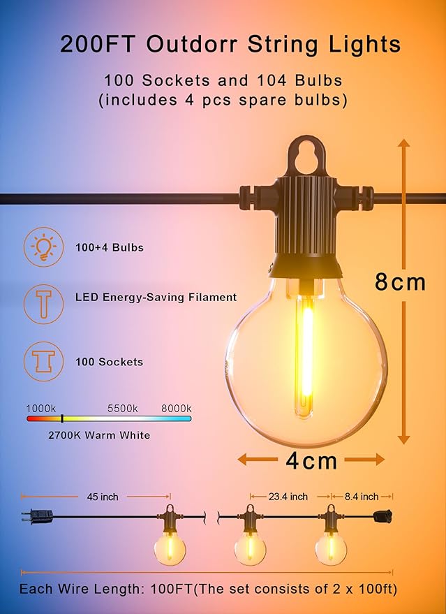 Zuske Outdoor String Lights, 200FT Patio Lights with 100 Shatterproof G40 Globe Bulbs(4 Spare), Waterproof Connectable Dimmable LED Hanging String Lights for Outside Backyard Porch Balcony (100FT x 2)