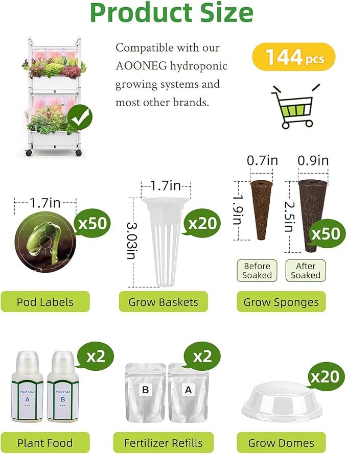 144pcs Seed Pod Kit: 50 Grow Sponges, 50 Pod Labels, 20 Grow Baskets, 20 Grow Domes, 4 A&B Plant Food，Grow Anything Kit,Compatible with Hydroponics Growing System from All Brands (144 pcs)