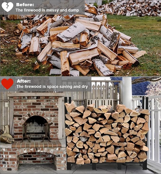 4ft Firewood Rack Adjustable Heavy Duty Fire Wood Stand Holder for Outdoor Indoor Fireplace Log Storage, Metal Lumber Stacker Organizer, Black