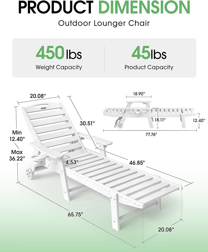 Chaise Lounge Outdoor, Lounge Chair Outdoor with Wood Texture, Adjustable 5-Position Backrest, HDPE Lounge Chair with Wheels & Cup Holder for Pool Deck Backyard, White