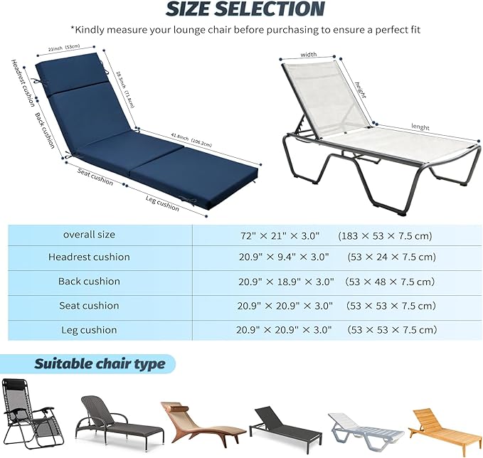 Outdoor Chaise Lounge Cushion 72" x 21" x 3", 4-Section Folding Patio Lounge Chair Cushion with Ties, Waterproof & Fade Resistant Replacement Cushion for Pool, Patio, Deck (Blue, 2 Pcs)