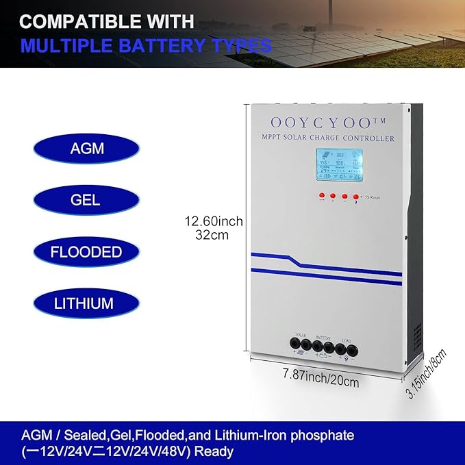 100 Amp MPPT Solar Charge Controller 24V 12V Auto, 100A Solar Panel Regulator Max Input Power 2500W, for AGM Sealed Gel Flooded Lithium Battery
