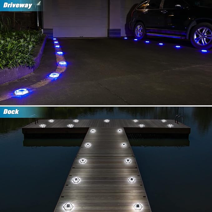 VOLISUN Solar Driveway Lights Dock Outdoor Waterproof Marker Lights,12 Pack Solar Deck Lights 2 Colors in 1 Led Wireless IP67,Solar Blue Deck Lights for Sidewalk Pathway Yard(White/Blue),Auto On/Off