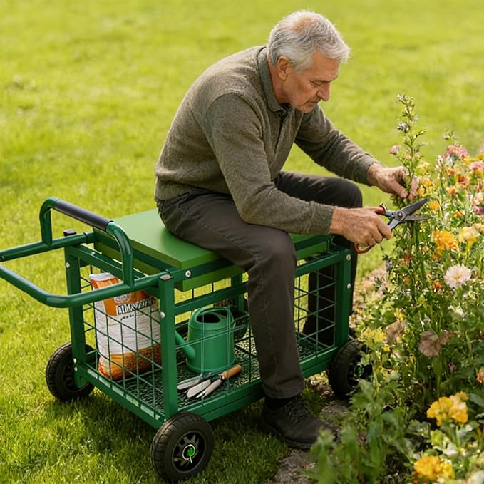 FLINTER Extra-Large Rolling Garden Cart and Kneeler, 2026 Heavy Duty Gardenning Cart with Seat and Kneeler - Garden Rolling Stools with Wheels for Seniors, Lawn, Patio & Backyard Gardening, Green
