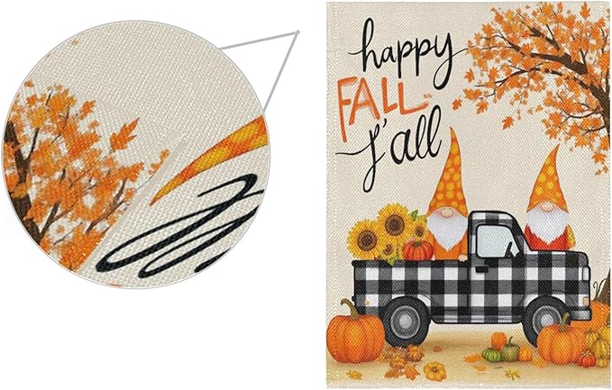 Happy Fall Pumpkin Truck Burlap House Flag 28x40 Inch Double Sided Outside Maple Leaves Tree Autumn Gnomes Seasonal Yard Outdoor Flag Banner for Garden Lawn Patio Holiday Decorations