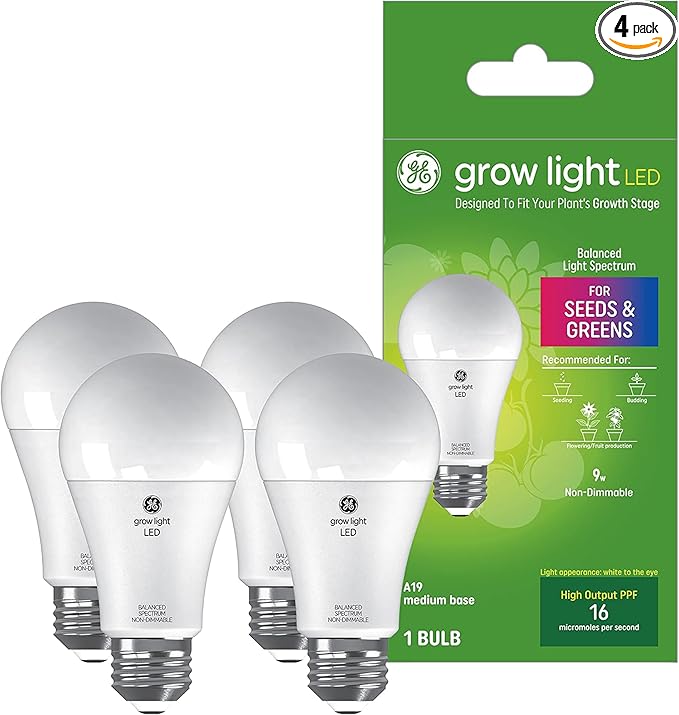 GE Grow Lights for Indoor Plants, A19 LED Light Bulbs for Seeds and Greens with Balanced Light Spectrum, White Indoor Plant Light, 25,000 Hours Lifespan, 16 PPF, 4 Pack (Packaging May Vary)