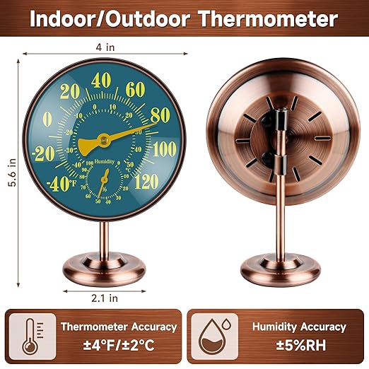 4 Inch Outdoor Thermometer and Humidity Gauge, Analog Brass Thermometer Hygrometer Combo with Large Blue-Green Dial, Fahrenheit/Celsius, Waterproof for Patio, Garden, Indoor Wall or Desk with Stand