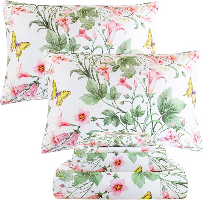 QSH 100% Egyptian Cotton Sheets Set King Size Butterfly Floral Bedding Sheets Spring Leaves Print Bed Sheets Deep Pockets Sheet 4PCs