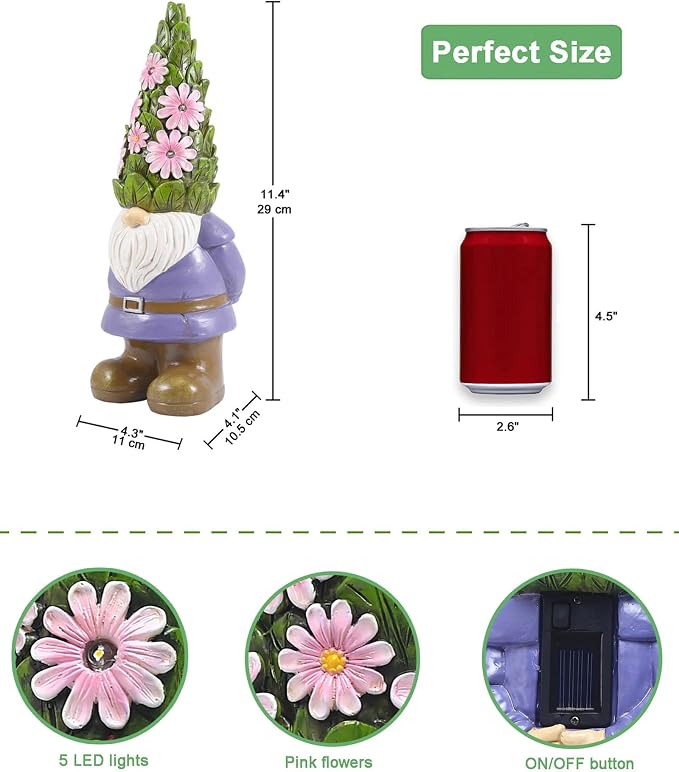 Nacome Solar Garden Outdoor Statues Gnome with Succulent and 7 LED Lights - Lawn Decor for Patio, Balcony, Yard Ornament for Mom Grandma Women