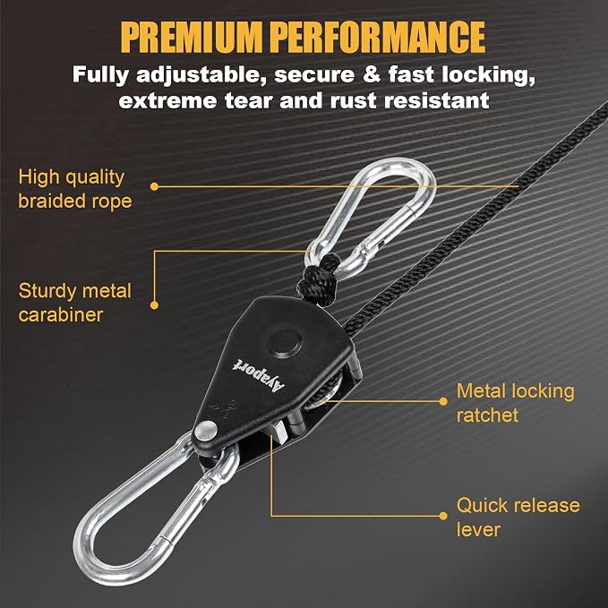 Ayaport Adjustable Rope Hanger Grow Light Hanger, 12Ft 1/8" Heavy Duty Plant Pulley Rope Tightener Ratchet Tie Down for Kayak, Tarp, Tent Tie Downs, 4 Pack