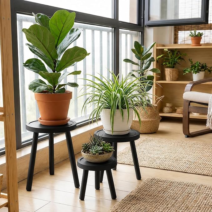 Amdermi 3-Pack4-pack Wood Plant Stands Indoor, Single Plant Stand for 6-12 Inch Pots, Mid-Century Modern Plant Stool, Tall Plant Stand for Large Plants for Living Room, Balcony, Office (3, black)