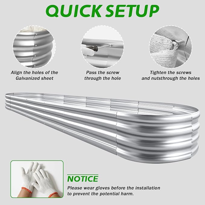 RAYKEEP Galvanized Raised Garden Beds, 8x2x1ft Outdoor Raised Garden Boxes, Oval Large Bottomless Metal Elevated Garden Bed Planter Box for Vegetables, Fruits, Flower