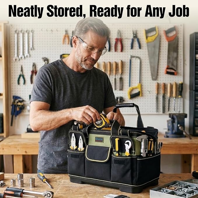Tool Bag, Ounic 16 Inch BigTool Tote Bag Heavy Duty With Waterproof Molded Base, Wide Mouth Tool Box Organizer with Adjustable Shoulder Strap for Electrician Mechanic Craftsman Plumbers(Green)