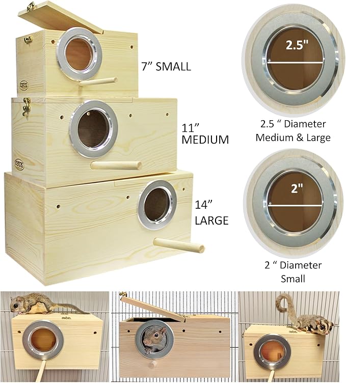 Sturdy Nest Box (M) - Cage Attachment, Hinged Lid, Perching Ledge - for Sugar Glider, Squirrel, Rat, Finch, Parakeet, Lovebird, Parrotlet, Lovebird, Canary, Cockatiel, Other Birds & Small Pets