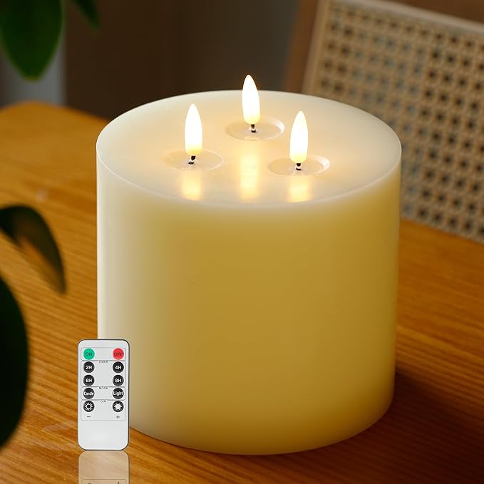 Extra Large Flameless Pillar Candle 6x6, 3 Wick Battery Operated LED Candle with Remote & Timer, 3D Triple Flame Real Wax Shell Candle for Cozy Home Decor