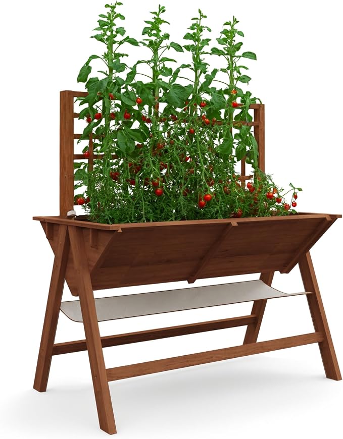 GarveeHome 52x30x54 in Raised Garden Bed with Legs, Elevated Wooden Raised Planter Box with Vine Climbing Trellis Outdoor Standing Growing Bed for Growing Vegetables Flowers Herbs