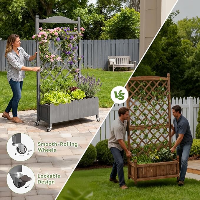 COMHOMA Raised Garden Bed with Trellis and Wheels,48Inch Elevated Planter Box with Drainage Holes,Lattice Privacy Screen for Climbing Plants Vegetables,Outdoor for Patio Balcony Yard,Gray