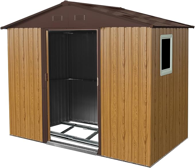 8x4 FT Outdoor Metal Storage Shed with Window, Galvanized Steel Garden Shed, Lockable Sliding Door, Sloped Roof, Ventilated Tool Storage House with Foundation Kit for Backyard Lawn, Coffee