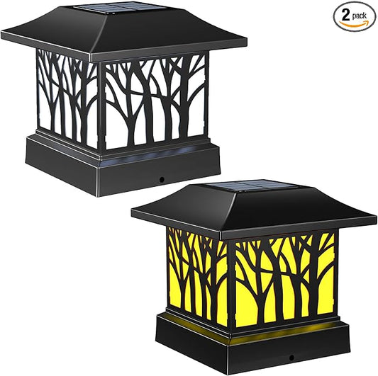 2 Pack Solar Post Cap Lights, Outdoor Fence Solar Powered Cap with 4 Lighting Modes Waterproof Light Decorative for Deck Patio or Garden Decor, Fits 4x4 Wood Vinyl Posts (Tree-Pattern Design)