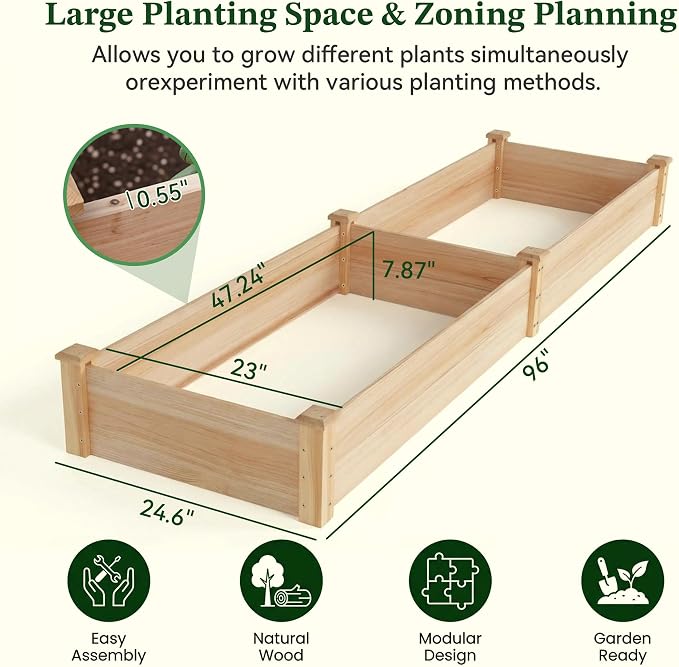 8x2ft Outdoor Wooden Raised Garden Bed, Elevated Planter Box for Vegetables/Garden/Lawn/Patio, Natural Wood, 96 x 24 x 9in