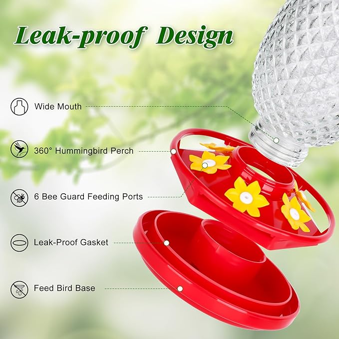 Fchstaer Glass Hummingbird Feeders for Outdoors Hanging Ant and Bee Proof 16OZ 2 Pack Clear Pineapple Humming Bird Feeder with 6 Feeding Ports and Ant Moat Hummingbird Gifts for Women Garden Decor