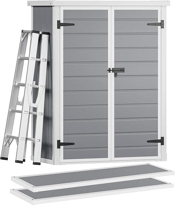DWVO 4.3x2x5.5ft Outdoor Vertical Storage Shed with 2 Shelves, 50 Cu Ft Waterproof Resin Garden Shed with Lockable Door, Plastic Tall Tool Cabinet for Garbage Cans, Lawn Garden Supplies (Gray)