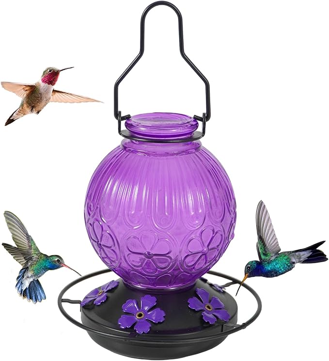 Glass Hummingbird Feeders for Outdoors Hanging, 23Oz Humming Bird Nectar Feeders with Perch, 5 Flower Feeding Ports, Leak Proof Base and Hook for Garden Decor, Gifts for Mom Women (Purple)