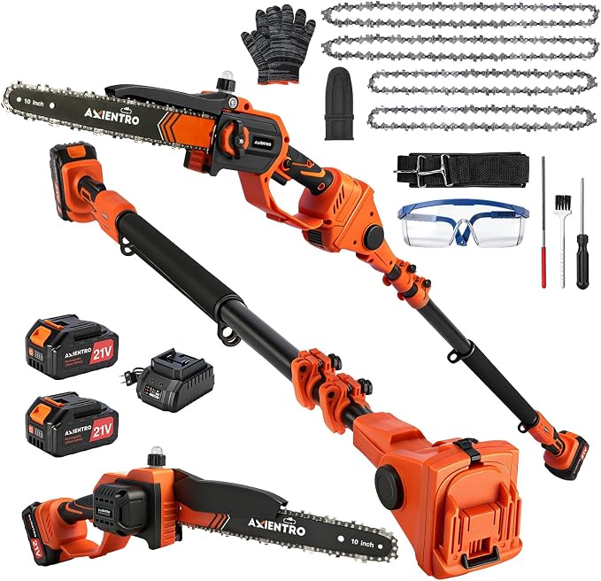 Electric Pole Saws for Tree Trimming, 3-in-1 Bruless Motor Mini Chainsaw & Pole Saw, 8‘’ & 10‘’ Cordless Chainsaw with Extendsion Pole, 2x4000mAh Li Batteries & Charger, 16FT Max Reach