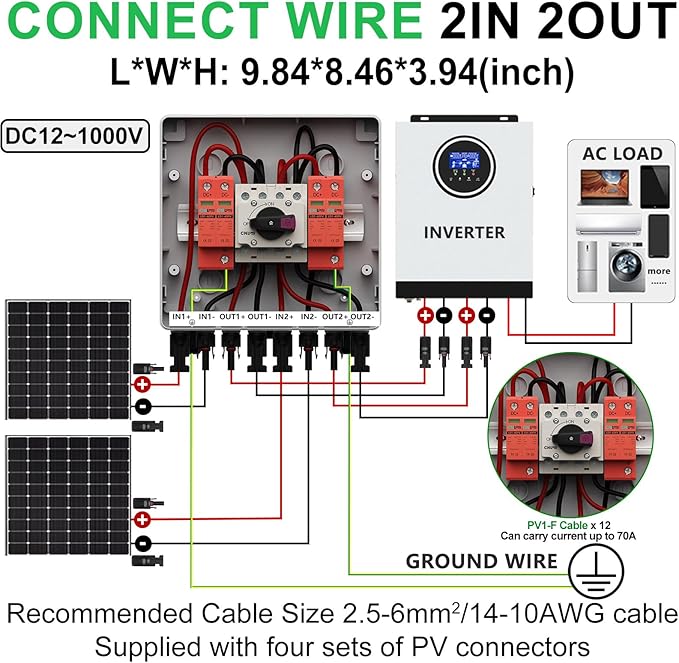 2 Strings Solar Disconnect Switch 32 Amp DC1000V with Lightning Surge Protector Arrester and IP65 Solar PV Combiner Breaker Box 2in 2out for Outdoor Solar Panel System
