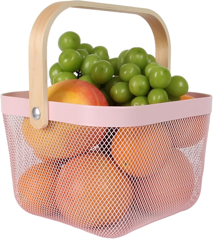 Mesh Steel Garden Harvest Basket with Wood Handle,Hanging Kitchen Baskets Outdoor Basket,Harvest Basket for Garden Vegetables,For Shopping Kitchen Bathroom Home(Pink)