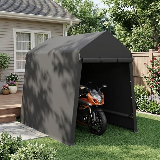 CABIHOME 6X8Ft Motorcycle Carport, Portable Outdoor Storage Shed Tent, Heavy-Duty Carport with Rolled Up Zipper Door & Vent, Waterproof & UV Resistant, for Motorcycle, Bike, Lawn Mower, Tools (Black)