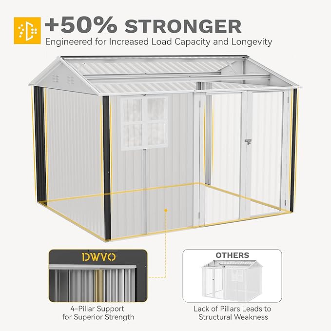 DWVO 10' x 10' Outdoor Storage Shed, Waterproof Metal Garden Shed with Windows, Lockable Doors, and Sloped Roof for Patio, Backyard, Lawn, Tool Storage, Bike Shed, Pet Shelter (Gray + White)