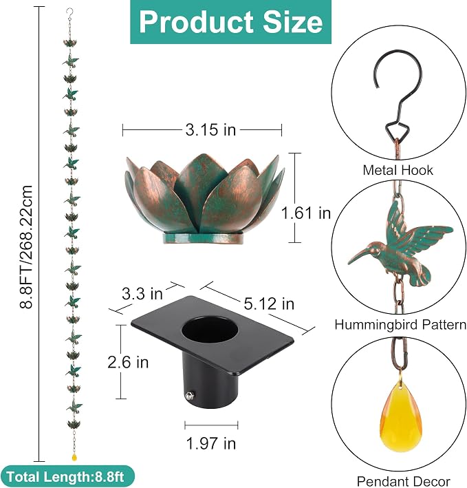 Rain Chain for Gutters Downspouts Outside,8.8ft Hummingbird Rain Chain with 12 Copper Lotus Rain Chain Cups,Functional and Decorative Replacement