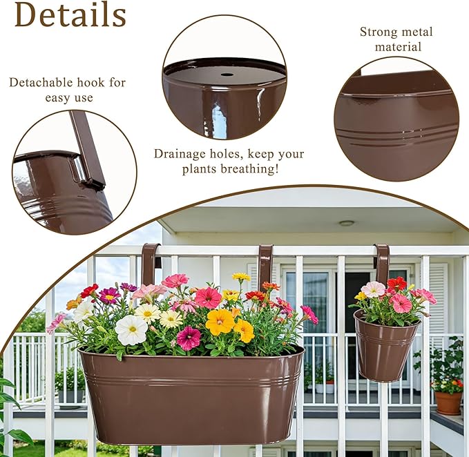 Set of 4 Outdoor Metal Railing Planters Box - 2 Pcs 5.12" Round Balcony Hanging Planter & 2 Pcs 17" Oval Fence Pot with Detachable Hooks Drainage, Chocolate