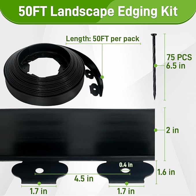 Quibbay 2 Inch x 50FT Landscape Edging Border with 75 Anchoring Spikes, No Dig Garden Border Edging Kit, Plastic Lawn Edging Border for Landscaping Garden Flower Beds Lawn Yard Paver Pathway, Black