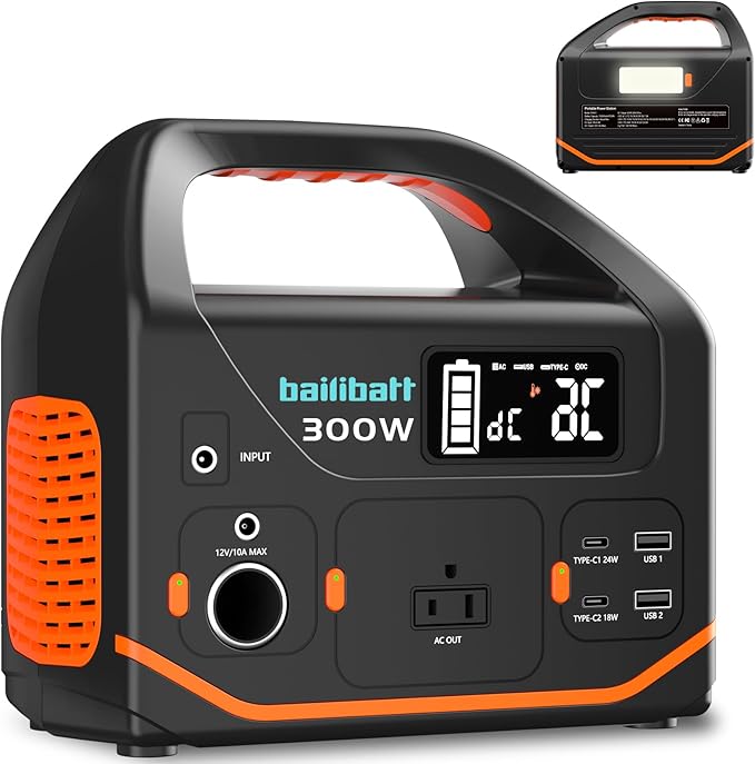 BailiBatt 300W Portable Power Station, 266Wh Solar Generator with 7 Outputs & Dual USB-C PD (24W+18W), 110V Pure Sine Wave AC, 6.5lb Lightweight Battery Backup for Camping, CPAP RV Home Blackout